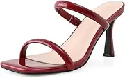 [Shoe'N Tale] Women's Strappy Heels Kitten Heeled Mules Two Straps Square Open Toe Slip On Sandals