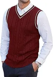 [Gsywaipei] Men's Winter Sleeveless Sweater Tank V Neck Fit Twisted Knitted Pullover Vest Classic Solid Color Knitted Waistcoat, Red, 4X-Large