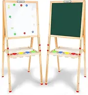 Double Sided Art Easel for Kids Easel with Magnetic Whiteboard & Chalkboard, Adjustable （80cm-146cm ,55*55cm）Standing Wooden Children's Painting Easel with Paper Roll for Toddlers 2-8 Years Art Easel