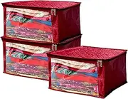 atorakushon Satin Fabric Foldable Garments Saree Blouse Cover Bag Pouch Closet Wardrobe Organizer With Clear Window Zipper Lock Pack of 3 (Maroon)