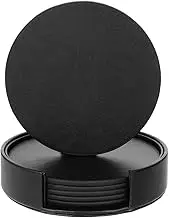 metagio 6 Packs PU Leather Coasters for Drinks with Holder, Round Drink Coasters Set PU Leather Cup Mats for Coffee Beer Tea Mug Wine Pub, Protecting Your Furniture from Scratch&Water Marks(Black)