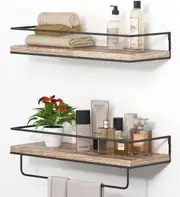 Rustic Wood Floating Shelves, Wall Mounted Hanging Shelves with Black Towel Rack, Decorative Storage Shelves(Set of 2)