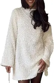 [ZALHIN] Plussize Sequin Tops Evening Wear,Womens Sequin Dress - Long Sleeve Round Neck Sexy Backless Glitter Slit Dress