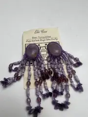 Vtg Navajo Beaded Rose Quartz Amethyst Cebu Heishi Shell Clip On Earrings Purple