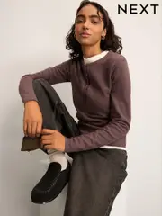 Slate Grey Mink Brown Cosy Soft Touch Rib Button Neck Henley Jumper Top (E63346) | $53