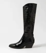 New Mollini Relax Black Croc Patent Leather Knee High Boots Womens Shoes Casual