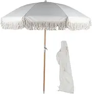 Patio Umbrella with Fringe, Beach Umbrella, Fringe Umbrella, Outdoor Patio with Hanging Hook, Inclined Aluminum Pole, Durable, 8 Fiberglass Ribs, 8 x 72 Inches (Beige)