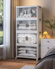 76QT Stackable Storage Bins with Lids - Folding Storage Box with Doors and Wh...