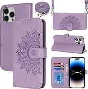 Cavor Crossbody Wallet for iPhone 14 Pro 6.1'' PU Leather Case Magnetic 3D Embossed Flower Women Flip Kickstand with Card Holder Shoulder Lanyard Protective Cover-Long Strap Flower Purple