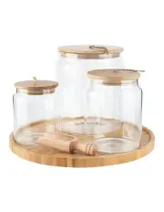 [Little Label Co] Bamboo And Glass Twine Jars And Bamboo Tray 5 Piece in Natural