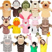 12 Pieces Hand Puppets Plush Animal with Open Movable Mouth Puppets for Kids Includes Lion, Orangutan, Hippo, Rhino, Rabbit, Duck, Monkey, Shar Pei, Tiger, Husky, Cow, Crocodile, Birthday Gift