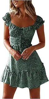 [Generic] Print Sundress Neckline Dress Dress Women's Sleeve Mini Pleated Summer Sexy Women's Dress Women Aline Summer Dress