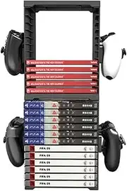 MTSDM Game Storage Stand Tower, Double-Layer Disc Box Storage Rack, Compatible with PS5/4/3/Switch/Xbox Game Disk Box Stand Universal Video Games Discs Organizers with 4 Controllers Vertical Holder