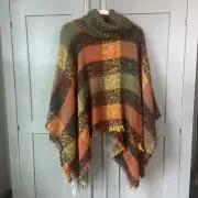 NWT Tahari Turtleneck Fringe Trimmed Poncho Sweater One Size Autumn Colors