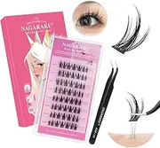 NAGARAKU Pre Glued Cluster Lashes with Tweezers 56 Pcs No Glue Needed Press-on Pre-bond Eyelashes Self Adhesive Reusable DIY Lashes White Moonlight Style (SAT-012, 0.07mm C Curl 6-15mm）