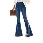 Nevenka Women Flare Jeans Elastic Waist Bell Bottom Denim Ripped Pants-Medium Blue-9026