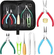 Rustark 9Pcs Jewelry Pliers Set Includes Long Nose Pliers, Diagonal Wire Cutter, Round Nose Pliers, Tweezers, Jump Ring Opener, Awl, Scissors with Storage Bag for Jewelry Making Repair
