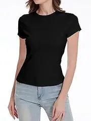 [Famrrifuu] Women's T-Shirt, Breathable, Basic, Slim Fit, Y2K Crop Top, Crew Neck, Short Sleeve Tops, Summer, Yoga, Lightweight, Plain Shirts