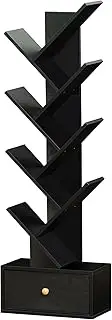 8 Tier Tree Bookshelf with Drawer, Free Standing Wood Bookcase for Living Room, Bedroom, Home Office, Space Saving Storage Organizer Bookshelves for Books, CDs, Vinyl Records- Black