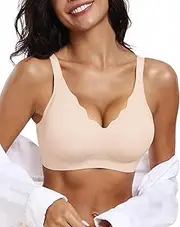 [OEAK] Womens Comfortable Wireless Bras Push Up Seamless Bralettes Soft V Neck Brassiere Scalloped Full Coverage Everyday Bra