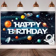 Outer Space Happy Birthday Photography Background Astronaut Rocket Backdrop Banner Astrology Astronomy Planet Galaxy Photo Background for Children's Birthday Galaxy Planet Party Photo Booth Backdrop
