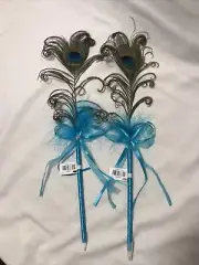 New Colorful PEACOCK FEATHER PE Wrapped in Blue Ribbon - Black Ink 14" tall