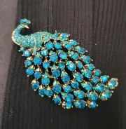 Victorian Trading LG Aqua Blue Rhinestone Peacock Pin Brooch 28P