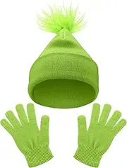 [Hicarer] Christmas Youth Character Cuffed Beanie and Gloves Set Neon Fluorescent Green Knitted Winter Beanie Cap Gloves Set for Christmas Cosplay, Fluorescent Green, One Size