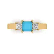 .95 Princess 3 stone Turquoise Stone Promise Bridal Wedding Ring 14k Yellow Gold