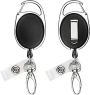 Retractable Badge Reel with Carabiner & Alligator Clip - ID Badge Holder for Work, Nurses, Teachers, Office, School - Black Badge Reels with Key Ring（2pcs）
