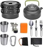 Blelsa Portable Camping Pot Set Aluminum Alloy Pot Pan Foldable Stove Stainless Steel Cutlery Picnic Black