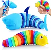 Fidget Slug Toy, Rainbow Caterpillar and Ocean Shark Sensory Fidget Toys, 2Pcs Cute Stim Toy Decompression Autism ADHD Fidget for Kids & Adults (Shark and Caterpillar)
