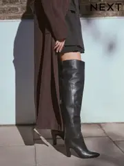 Black Leather Premium Over The Knee Heeled Boots (B27935) | $347