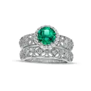 7.0mm Lab-Created Emerald and White Lab-Created Sapphire Frame Leaf Shank Antique Vintage-Style Bridal Engagement Ring Set in Sterling Silver