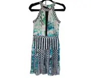 PARKER Women's Selita Mixed Print Sleeveless Pleated Keyhole Silk Dress Medium