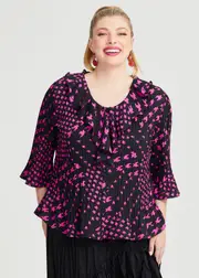 [TS] Taking Shape Plisse Ruffle Neck Shirt Size 20 in Black / HOT Pink - Plus Size Women's Clothing Black / Hot Pink