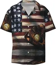 [YANYU] American Flag Baseball Print Hawaiian Shirts Men Short Sleeve Button Down Cuban Collar Shirt Summer Beach Days