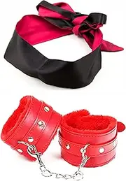 Satin Eye Mask Blindfold Red Fluffy Handcuffs Set - Red Fluffy Cuffs - Blindfold Satin Eye Mask - Adjustable Handcuffs Fluffy Bracelet - Eye Satin Mask
