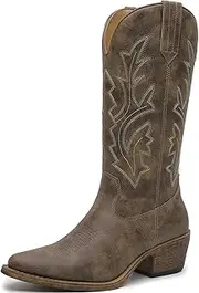 [GLOBALWIN] Women's Mid Calf Western Cowboy Boots Cowgirl Boots for Women with Floral Embroidery Side Zipper Chunky Heel