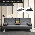 Sofa Bed Couch Lounge Futon Guest PU Leather Recliner Cup Holder Daybed 3 Seater