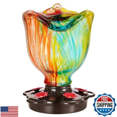 LUJOIN Rose Shaped Hummingbird Feeder for Outdoors, Hand Blown Glass with 25