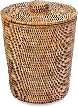 KOUBOO La Jolla Rattan Round Waste Basket with Lid & Plastic Insert, 2 Gallon Woven Wastebasket for Bathroom, Kitchen, Office, Living Room, & Home Decor, Honey Brown