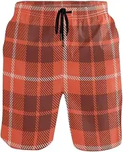 [GuoChe] Men's Beach Shorts Living Coral Tartan Red Plaid Quick Dry Swimwear Sports Running Swim Board Shorts Pants with Mesh
