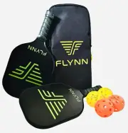 FLYNN Pickleball Paddles Set – 2 Graphite-Fiberglass Paddles, 4 Balls, Carry Bag