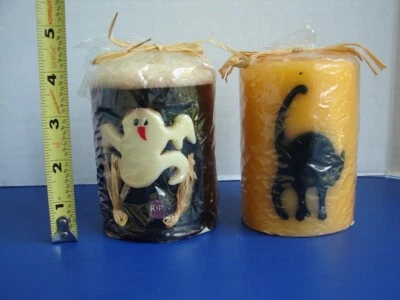 2 Vintage 1980's K-Mart Halloween Ghost Candle & Black Cat 4 3/4" New in Plastic