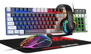 Wired Rainbow LED Backlit Keyboard and Mouse, Over Ear Headphone with Mic, Gaming Mice and Pad, for PC, Xbox and PS4 (Black/White)