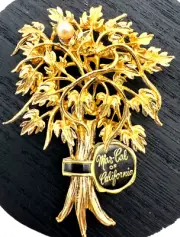 Vintage Mar-Cal of California Tree of Life Gold Tone Pearl Pin Brooch w/ Tag