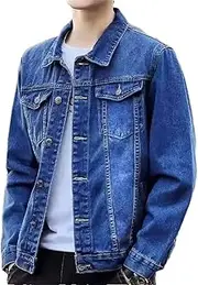 [Generic] Men's Button Wide Shoulders Denim Jacket Light Blue Korea Male Jean Coats