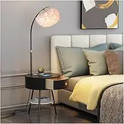Modern Floor Lamp with Table & Drawers, Farmhouse Narrow Nightstand, Wooden End Side Table Floor Lamp, Adjustable Reading Lamp for Bedroom, Living Room, Office Standing Light(Black)