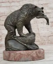 Bronze Animal Collection Bear Eating Fish with Marble Base Figurine Hand Made